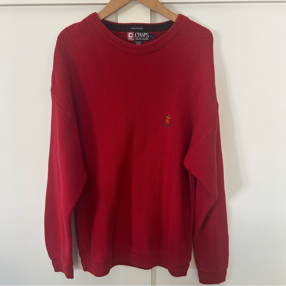 90s VTG Ralph Lauren Chaps Men's Sweater Hand Framed Cotton Logo Red Christmas‎